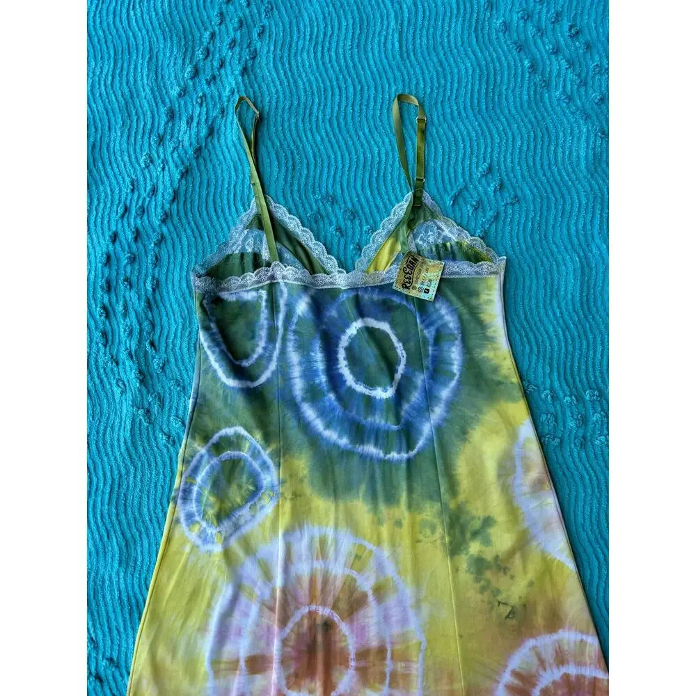 Hand Dyed Vintage Rainbow Multi Color Shibori Dye Slip Dress Reworked Loungewear